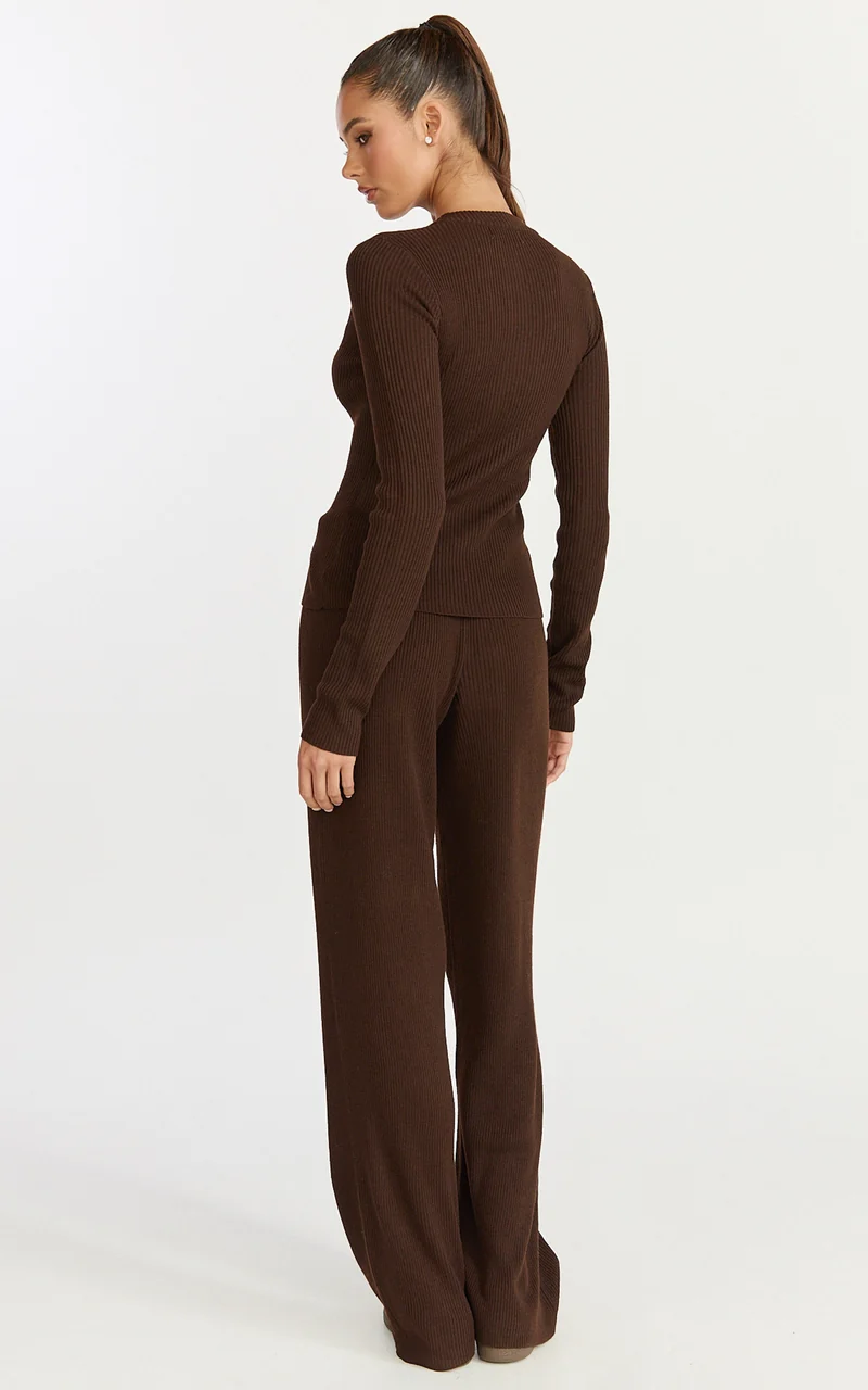 Indigo Top - Long Sleeve Button Down Knit Top in Chocolate