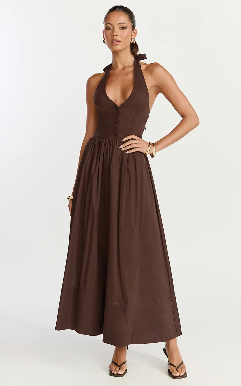 Everly Midi Dress - Tie Halter Neck Button Down Bodice Fit And Flare Dress in Chocolate