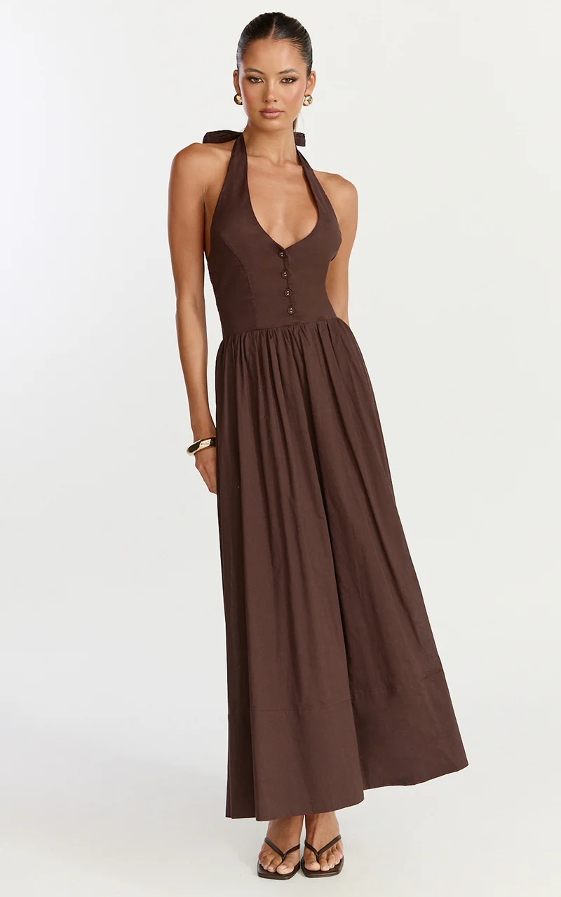 Everly Midi Dress - Tie Halter Neck Button Down Bodice Fit And Flare Dress in Chocolate
