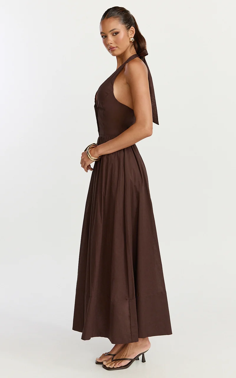Everly Midi Dress - Tie Halter Neck Button Down Bodice Fit And Flare Dress in Chocolate