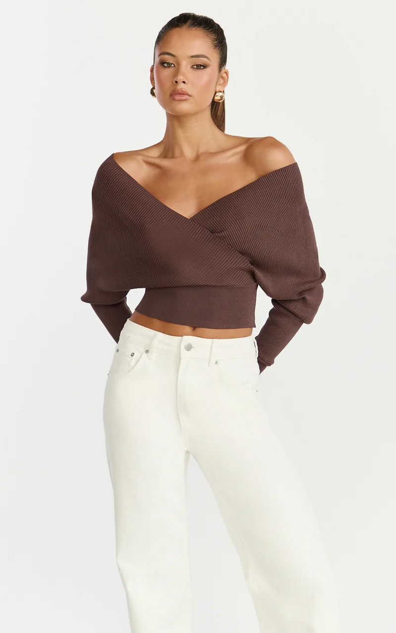 Petra Top - Long Sleeve Wrap Ribbed Knit Top in Chocolate