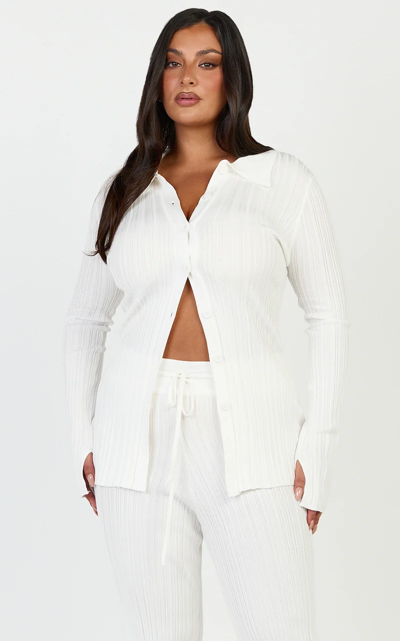 Kelsey Top - Button Through Long Sleeve Knit Top in Cream