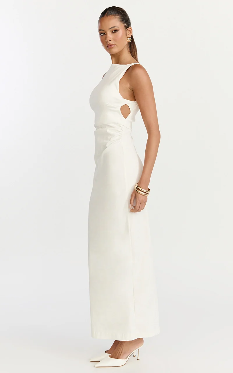 Liora Midi Dress - Boat Neck Side Twist Strap Midi Dress in Ivory