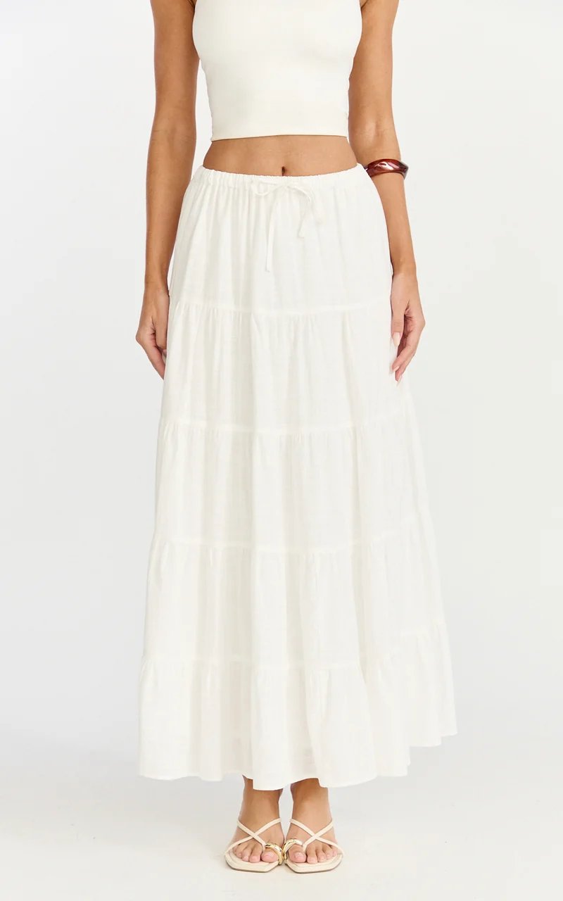 Aurora Maxi Skirt - Low Rise Tiered Maxi Skirt in Off White