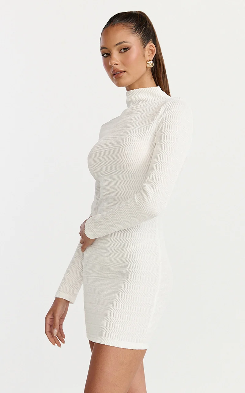 Ruby Mini Dress - High Neck Long Sleeve Dress in Off White