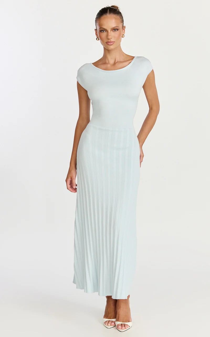 Jadey Midi Dress - Cap Sleeve Pleated Dress in Pale Blue