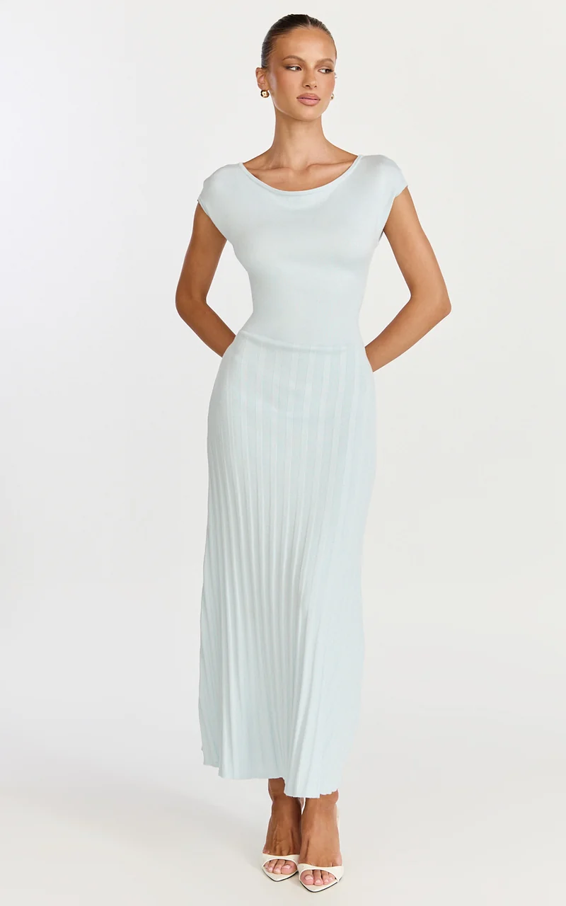 Jadey Midi Dress - Cap Sleeve Pleated Dress in Pale Blue