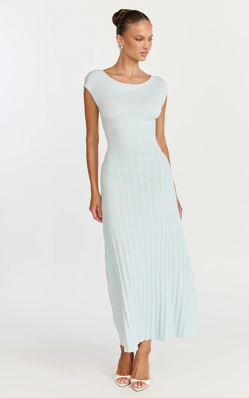 Jadey Midi Dress - Cap Sleeve Pleated Dress in Pale Blue