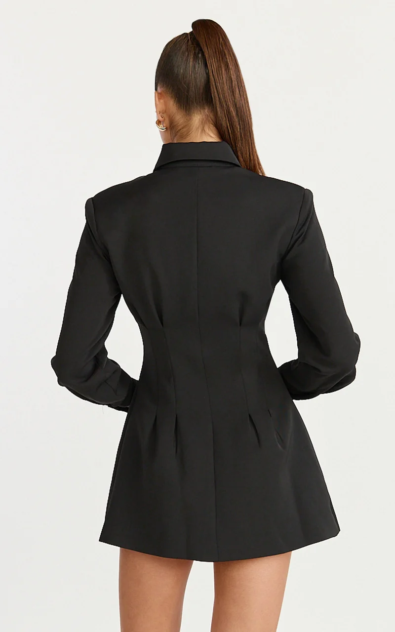 Thelma Mini Dress - Button Front Pleat Waist Tulip Skirt Shirtdress in Black