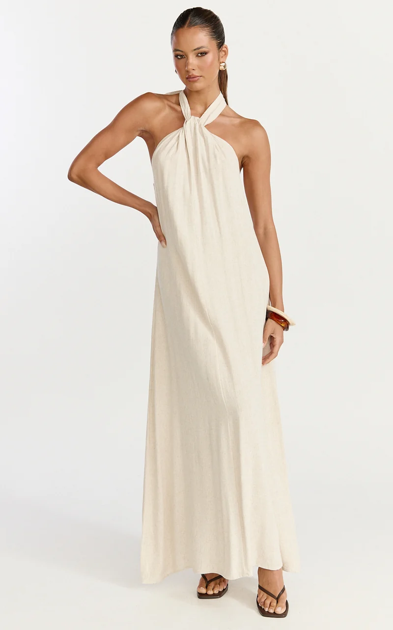 Hilda Maxi Dress - Knot Detail Halter Neck Maxi Dress in Natural