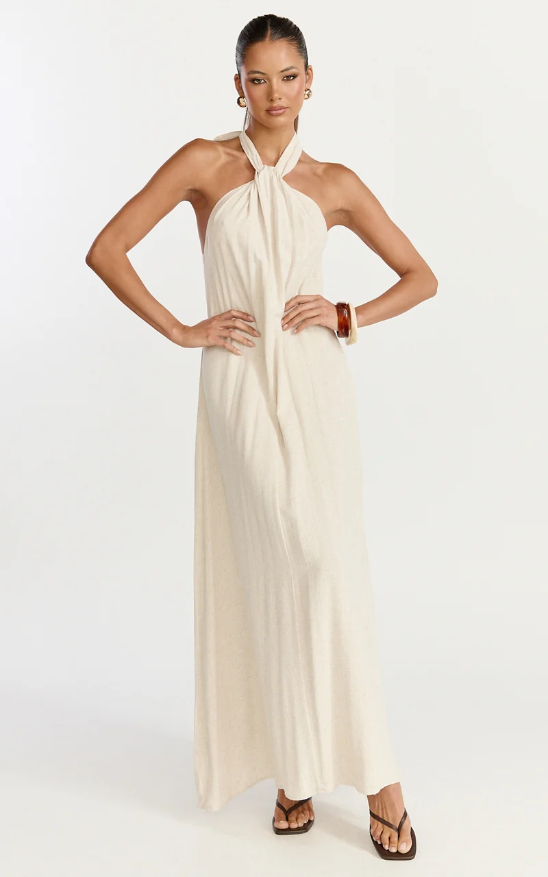 Hilda Maxi Dress - Knot Detail Halter Neck Maxi Dress in Natural