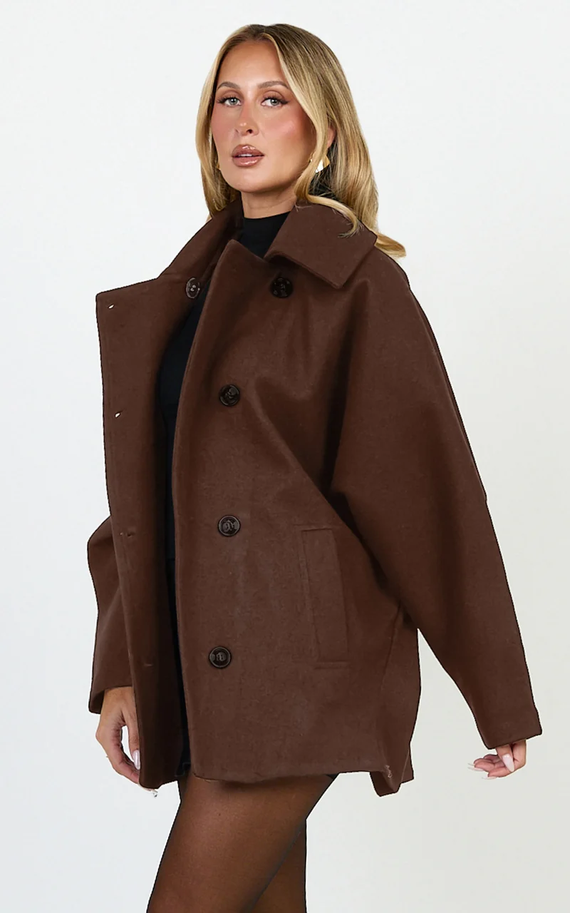 Rina Coat - Oversized Three Button Front Closure Coat in Chocolate