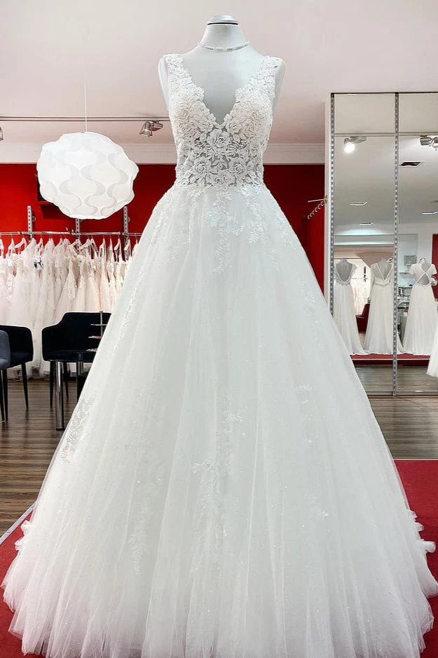 Robe de mariée trapèze longue en tulle et dentelle blanche à volants, accrocheuse pour la mariée