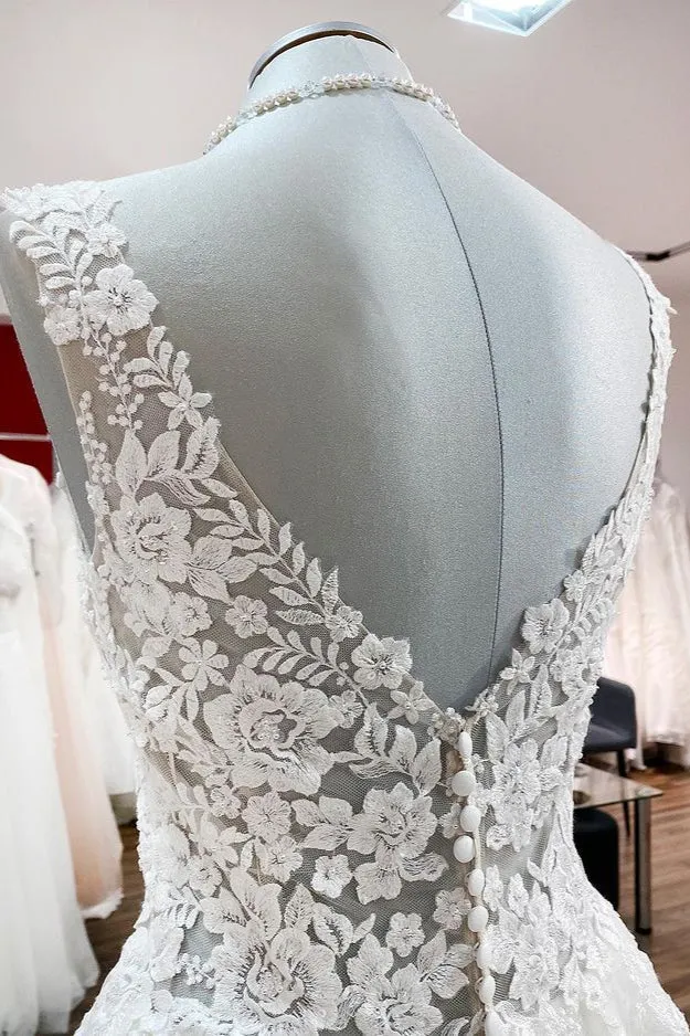Robe de mariée trapèze longue en tulle et dentelle blanche à volants, accrocheuse pour la mariée