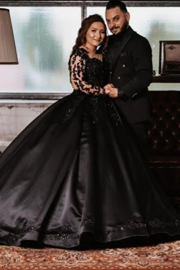 Robe de mariée élégante noire à manches longues et appliqués