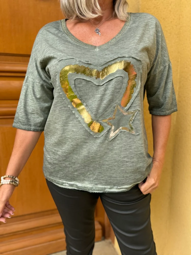 Teeshirt loose Coeur doré kaki