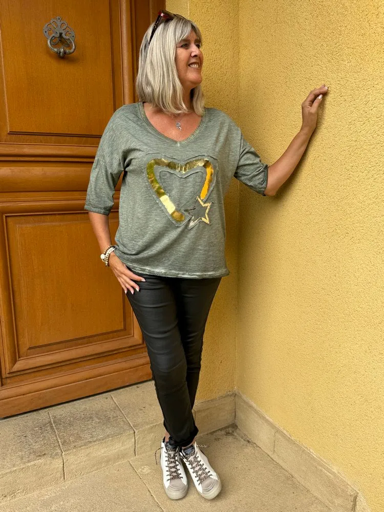 Teeshirt loose Coeur doré kaki