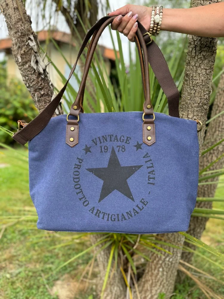 Grand sac Etoile Vintage en toile coton et cuir bleu marine