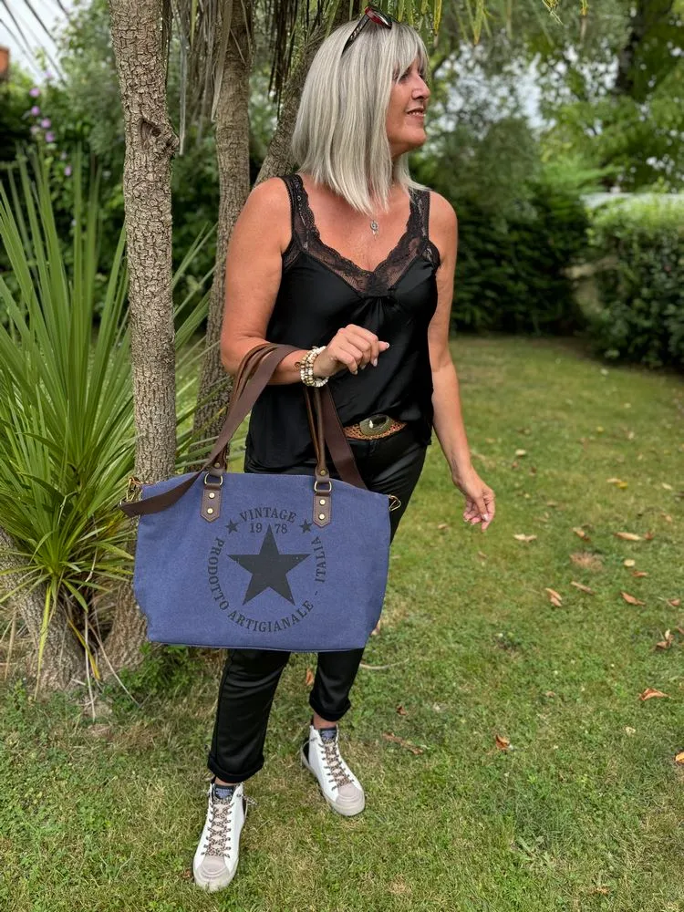 Grand sac Etoile Vintage en toile coton et cuir bleu marine