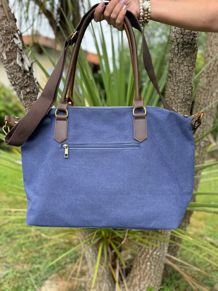 Grand sac Etoile Vintage en toile coton et cuir bleu marine