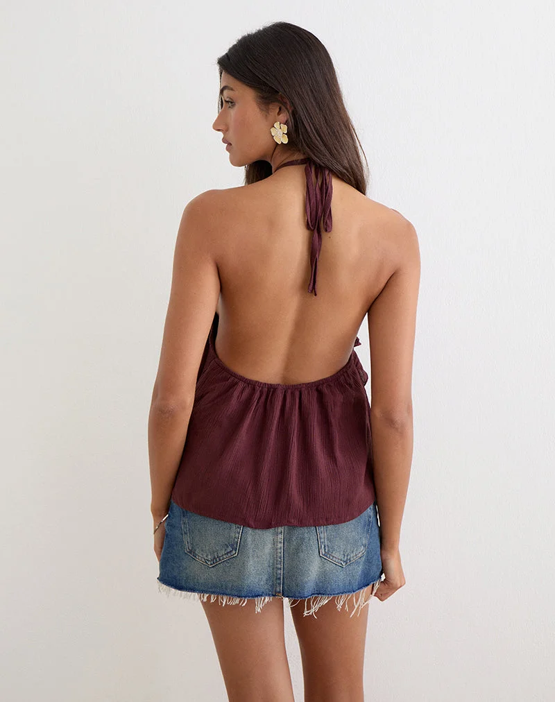 Haut à col licou « Rowdy » en tissu froissé couleur prune