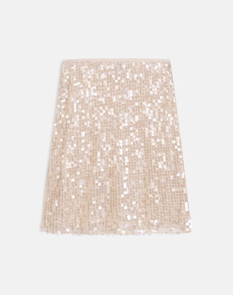 Jupe mi-longue Ranumi en crochet à paillettes, couleur crème