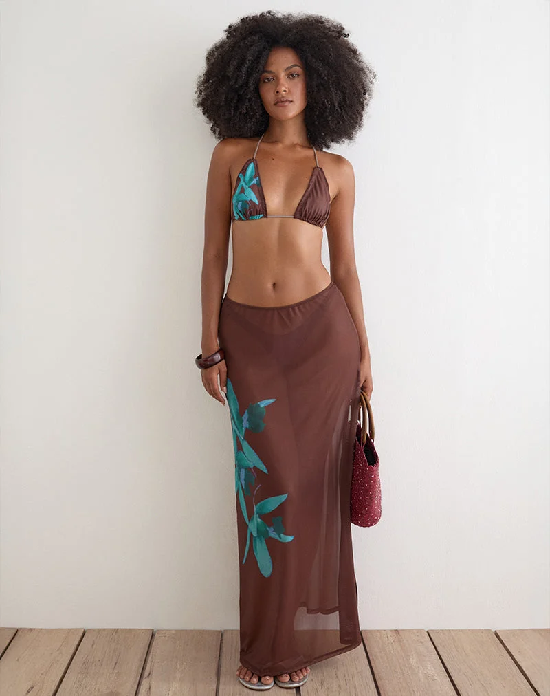 Jupe longue Dartina « Maxi Slip » marron avec motif « Blue Desert Rose »
