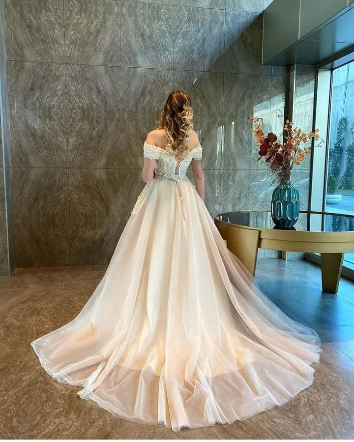 Robe de mariée trapèze à épaules dénudées et dos nu avec appliques en tulle et dentelle