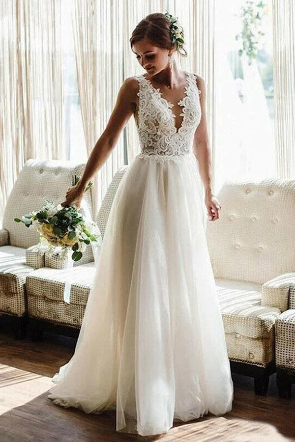 Robe de mariée élégante à bretelles, col en V, coupe trapèze, sans manches, dos nu, avec dentelle