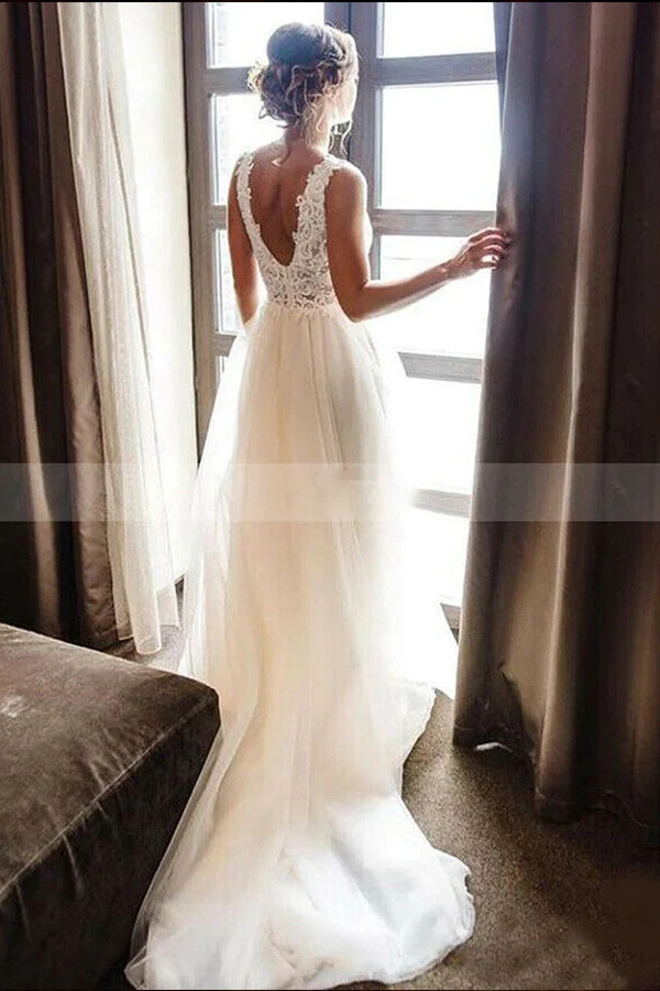 Robe de mariée élégante à bretelles, col en V, coupe trapèze, sans manches, dos nu, avec dentelle