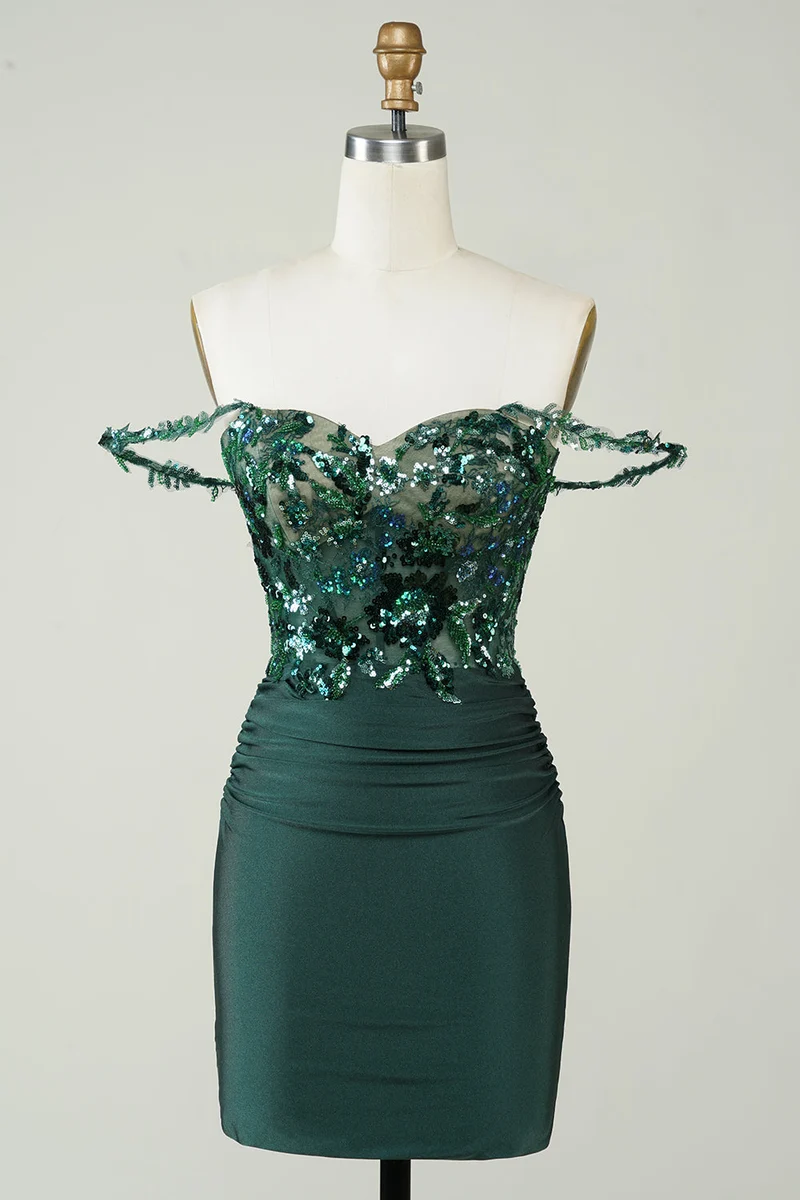 Robe fourreau vert foncé à épaules dénudées avec appliques, robe de soirée élégante