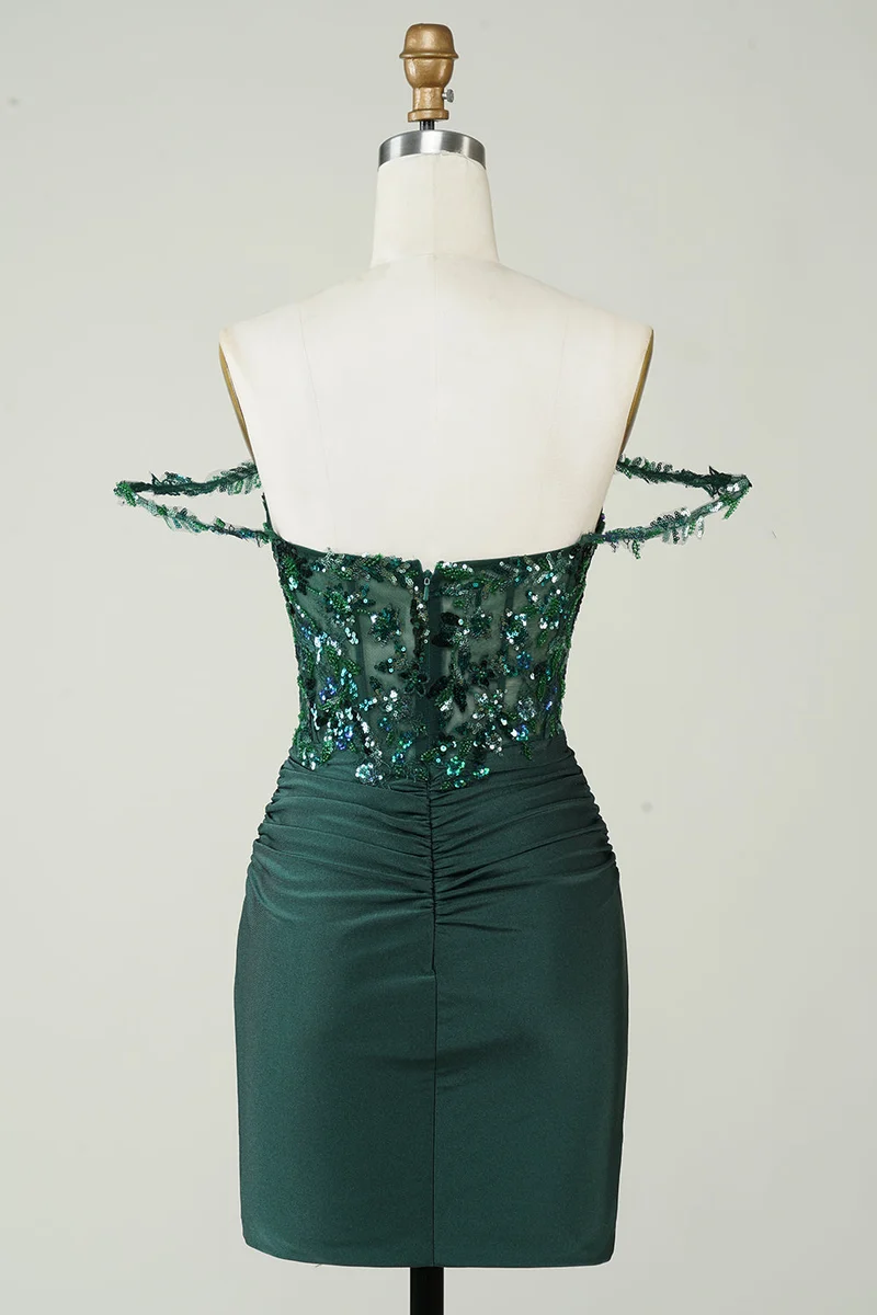 Robe fourreau vert foncé à épaules dénudées avec appliques, robe de soirée élégante