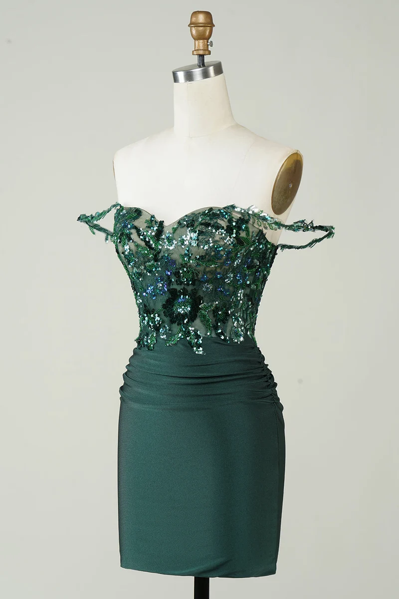 Robe fourreau vert foncé à épaules dénudées avec appliques, robe de soirée élégante