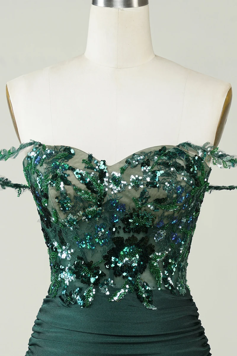 Robe fourreau vert foncé à épaules dénudées avec appliques, robe de soirée élégante