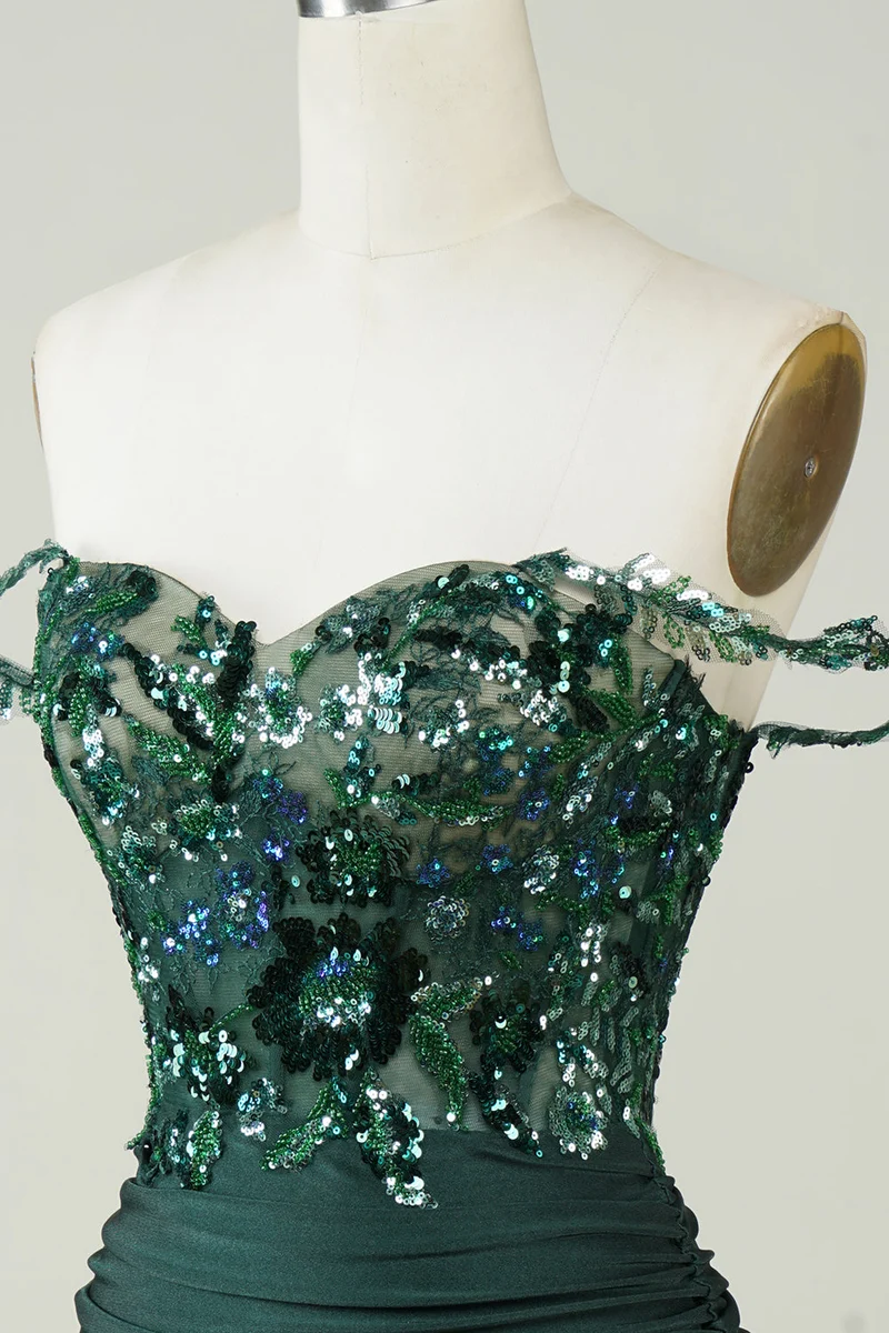Robe fourreau vert foncé à épaules dénudées avec appliques, robe de soirée élégante