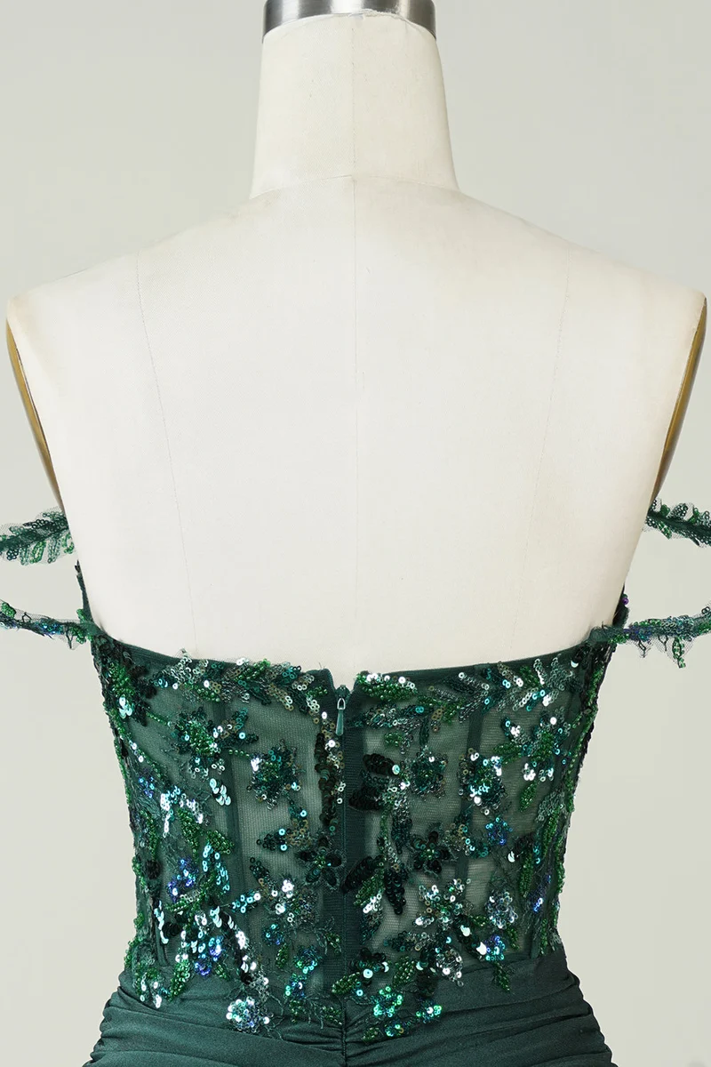 Robe fourreau vert foncé à épaules dénudées avec appliques, robe de soirée élégante