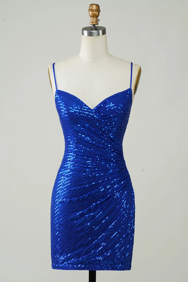 Robe moulante courte bleu roi à sequins et bretelles spaghetti