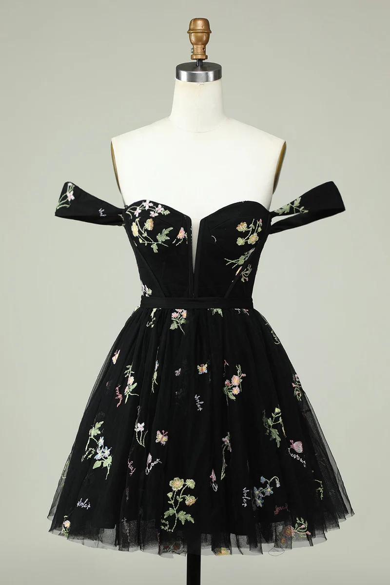 Robe de soirée trapèze noire élégante à épaules dénudées et détails floraux