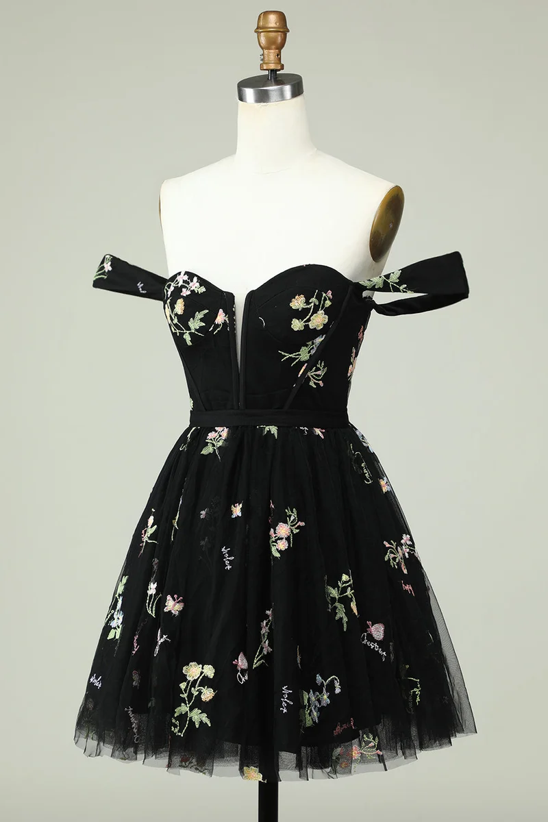 Robe de soirée trapèze noire élégante à épaules dénudées et détails floraux