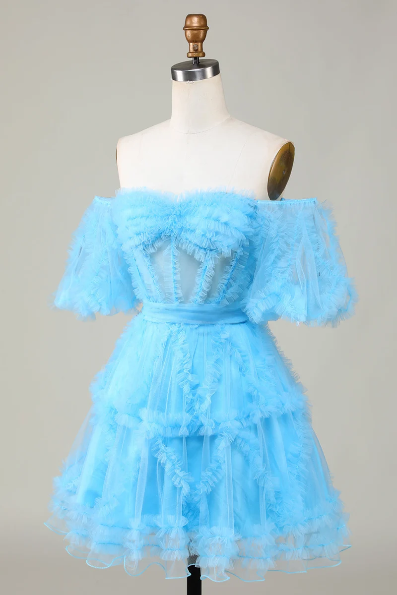 Robe de soirée courte en tulle bleu à épaules dénudées et coupe trapèze pour les fêtes