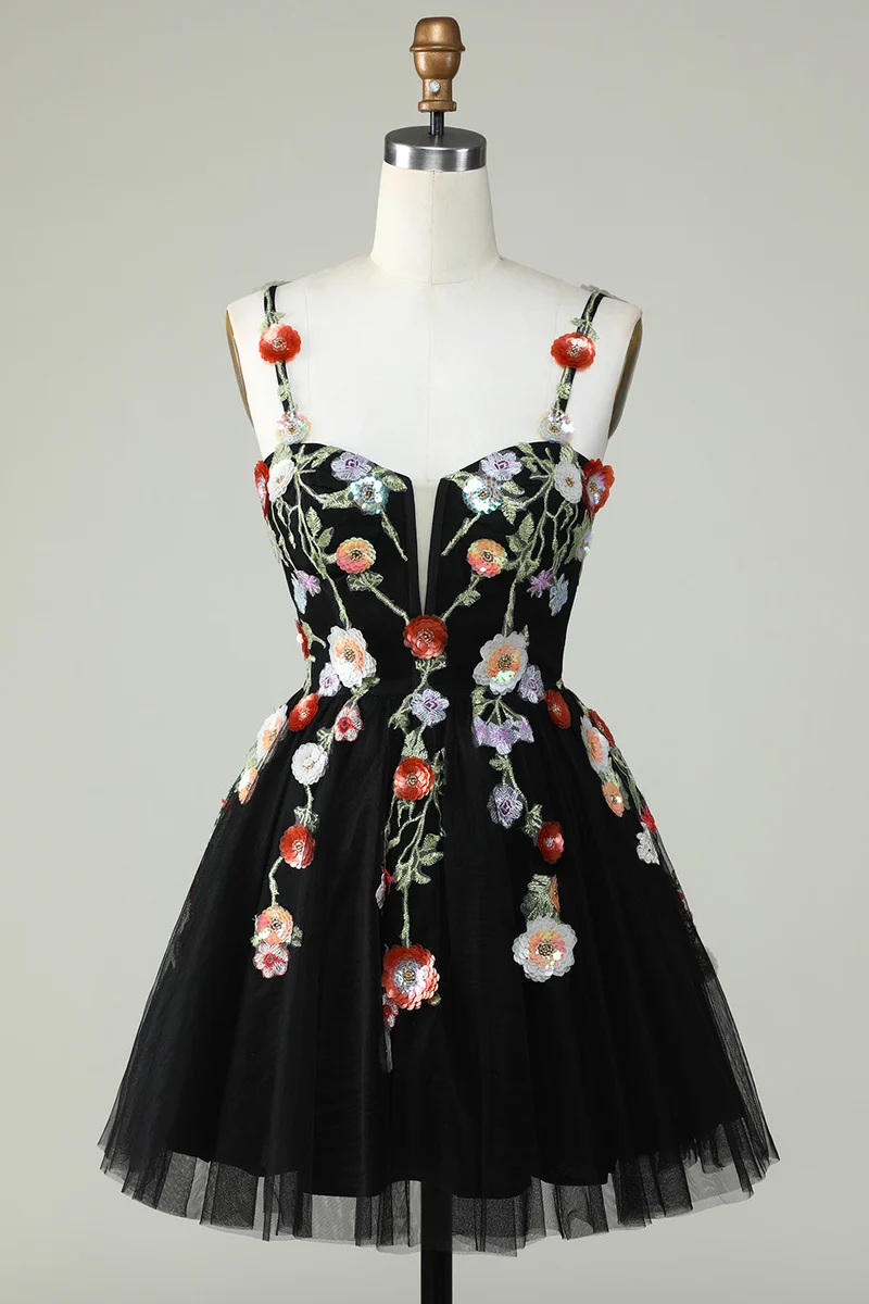 Robe de soirée trapèze élégante à bretelles spaghetti et paillettes noires avec applications florales