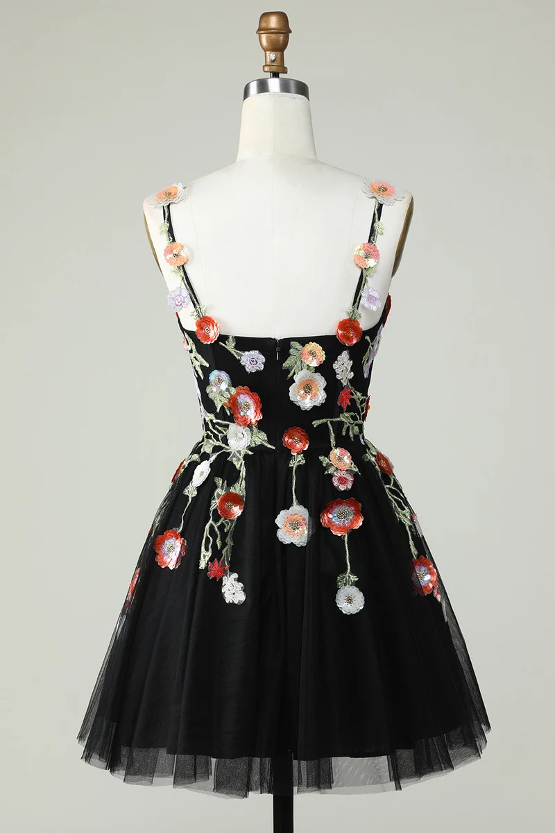 Robe de soirée trapèze élégante à bretelles spaghetti et paillettes noires avec applications florales
