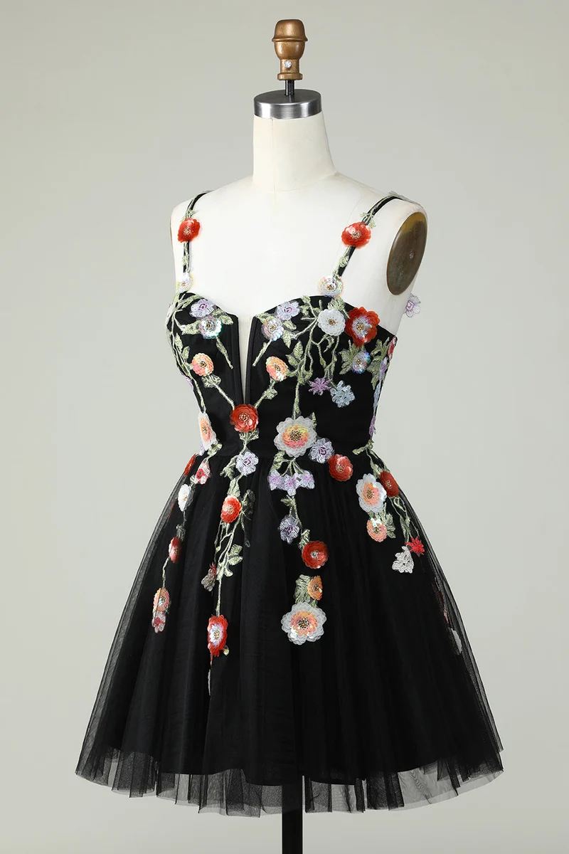Robe de soirée trapèze élégante à bretelles spaghetti et paillettes noires avec applications florales