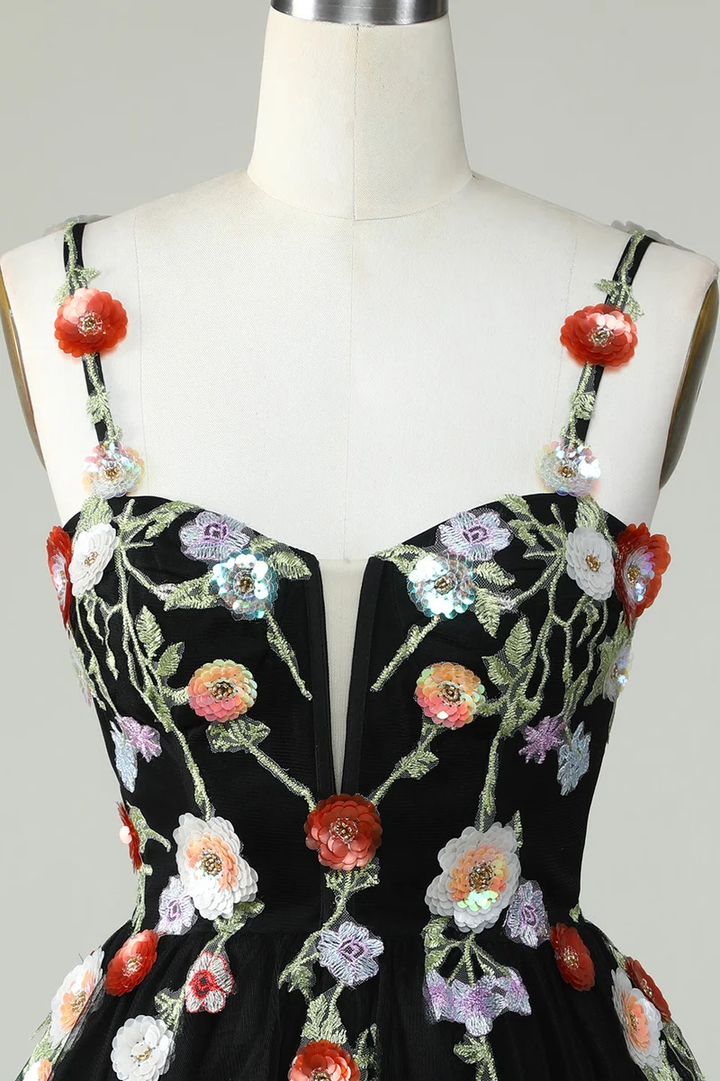 Robe de soirée trapèze élégante à bretelles spaghetti et paillettes noires avec applications florales
