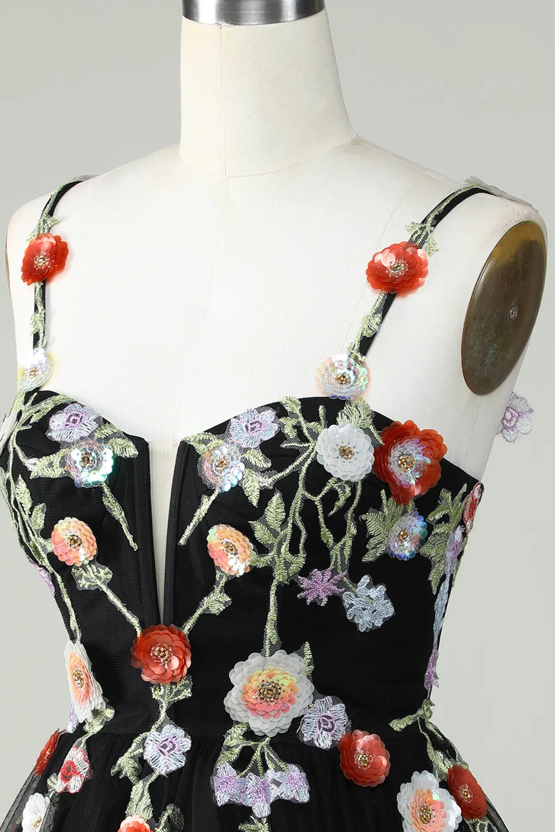 Robe de soirée trapèze élégante à bretelles spaghetti et paillettes noires avec applications florales
