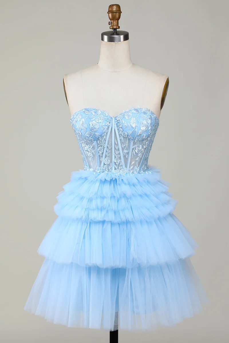 Robe de soirée corset à décolleté en cœur : coupe trapèze, volants, sans bretelles, mini-robe de soirée