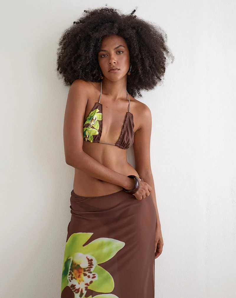 Haut de bikini Pumyla marron orné d'une fleur de dendrobium verte