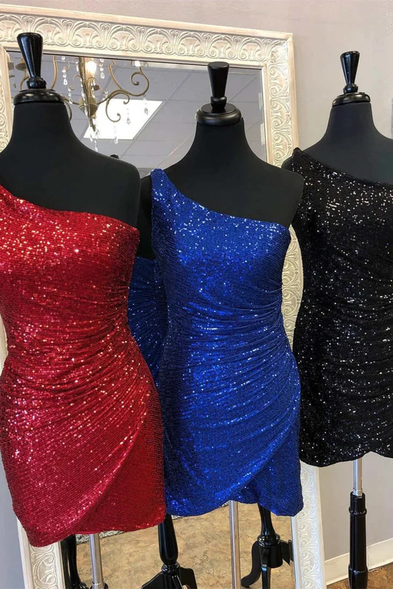 Robe de soirée courte à paillettes roses, asymétrique, robe de cocktail scintillante