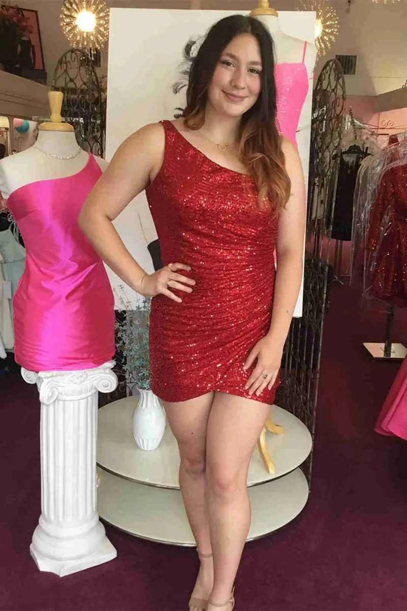 Robe de soirée courte à paillettes roses, asymétrique, robe de cocktail scintillante