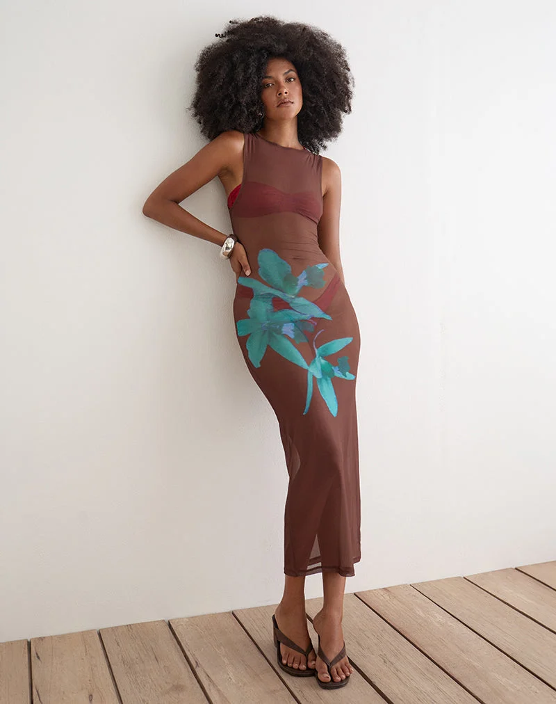 Robe midi Fay marron avec rose du désert bleue
